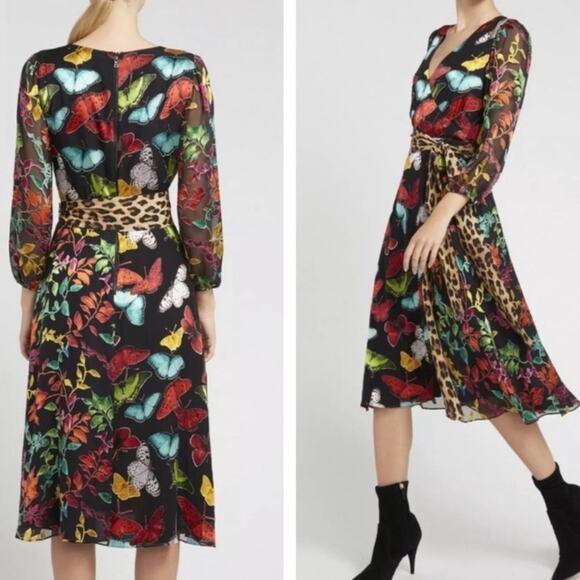Alice + Olivia Jesse Wrap Dress 4/6 Silk Blend Whimsical Butterfly Leopard Midi - Picture 1 of 12